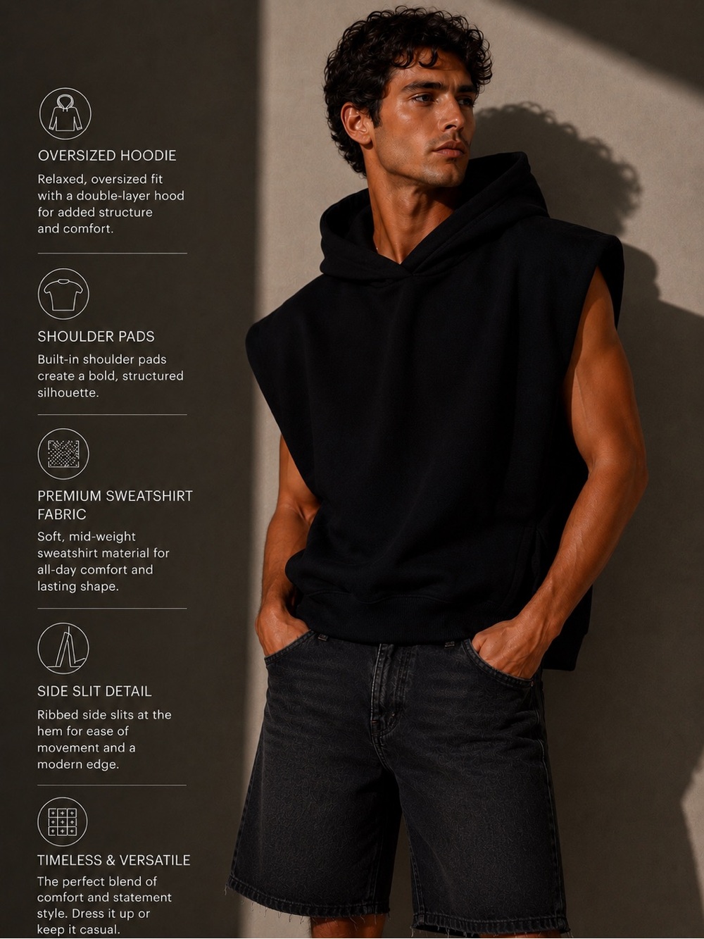 Men's Black Sleeveless Oversized Hoodie
